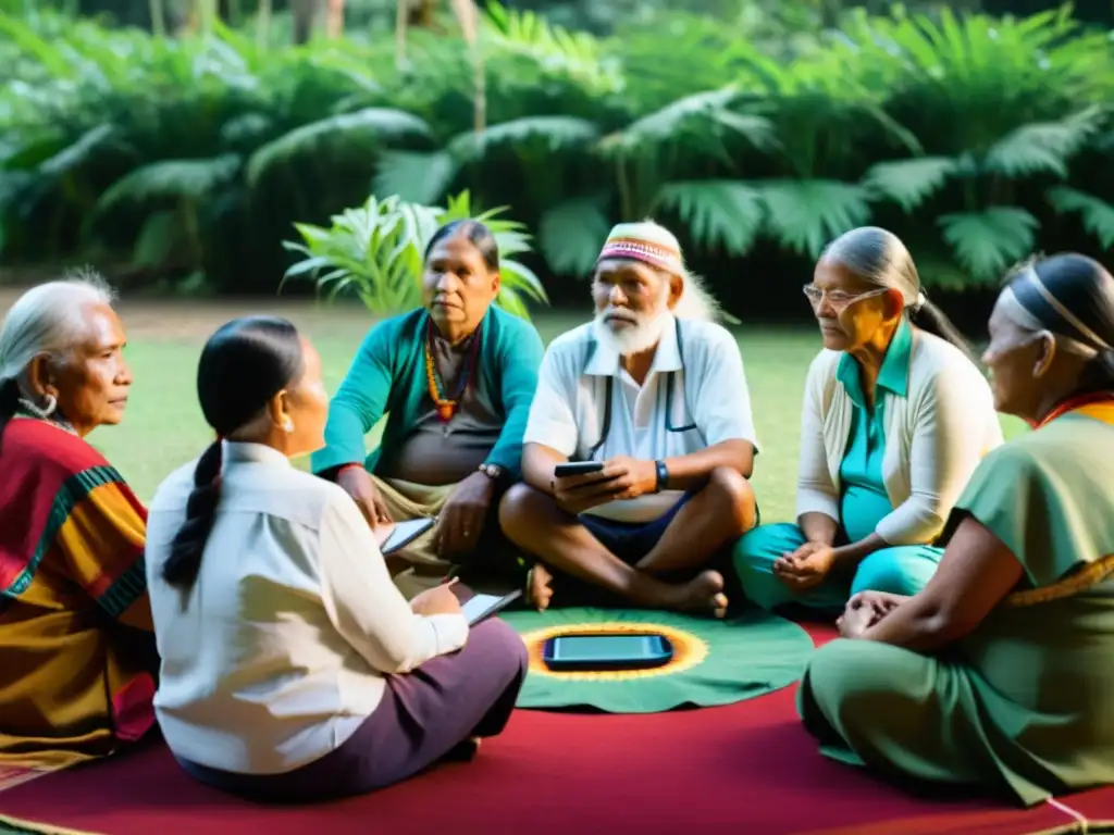 Grupo de ancianos indígenas utiliza herramientas digitales para preservar su idioma en peligro de extinción, rodeados de naturaleza y textiles coloridos