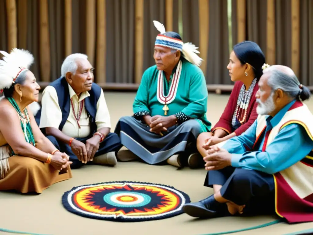 Grupo de ancianos indígenas preservando tradiciones orales al atardecer