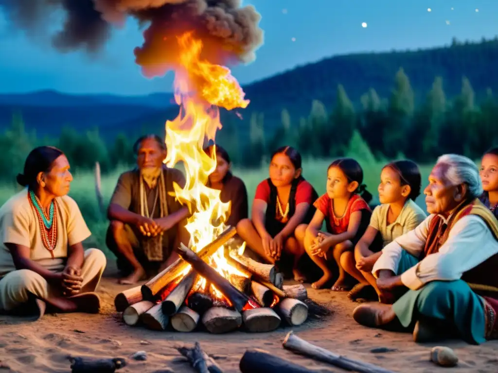 Grupo de ancianos y niños indígenas escuchando historias alrededor del fuego, en un ambiente de herencia cultural