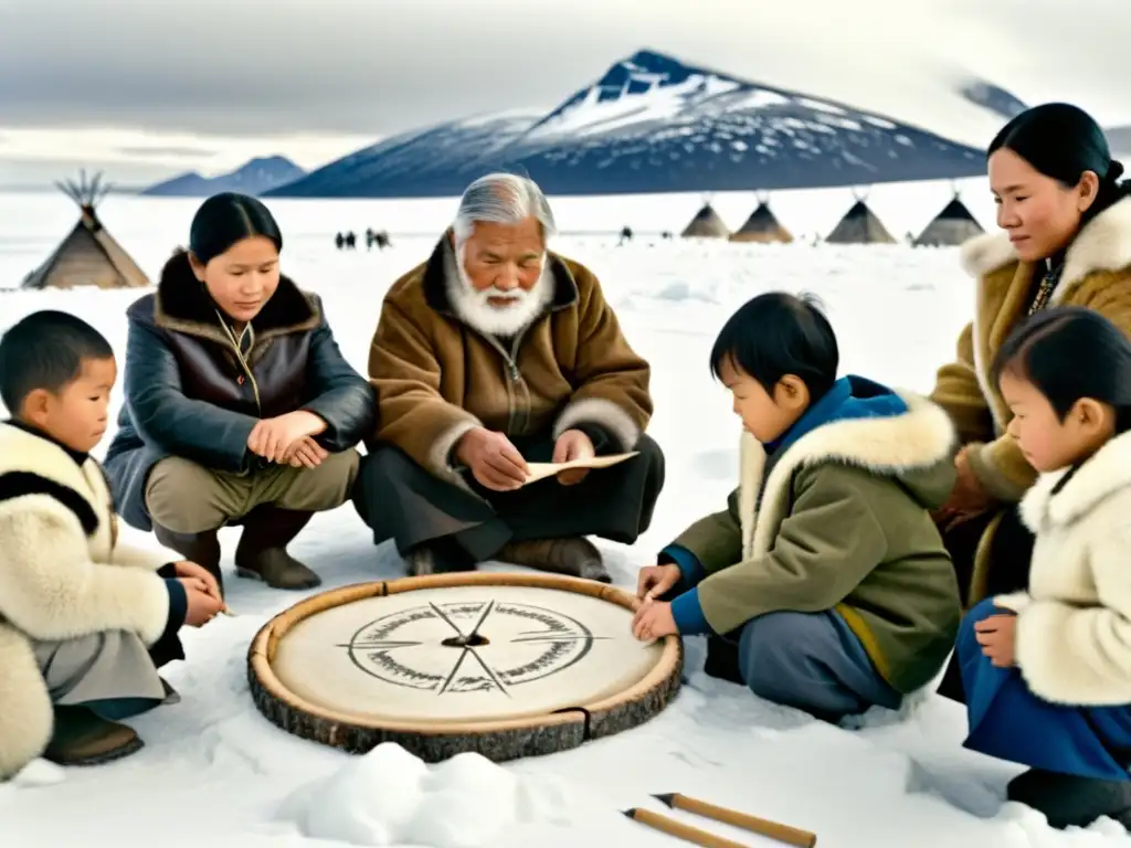 Un grupo de ancianos y niños inuit escribiendo en Inuktitut