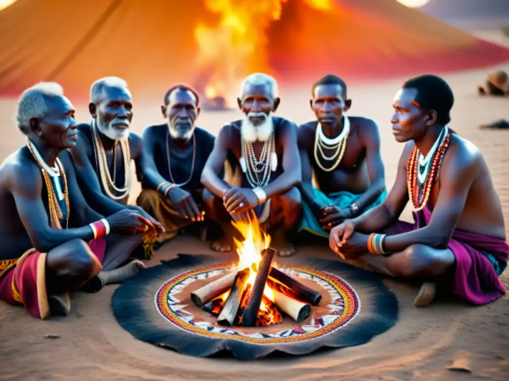 Grupo de ancianos tribales africanos en sesión de escritura y narración alrededor del fuego, con símbolos tribales y vestimenta colorida