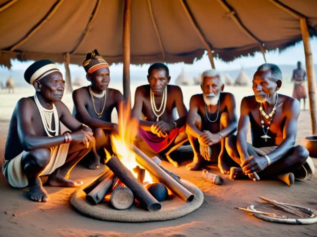 Un grupo de ancianos de una tribu africana se reúne alrededor de un fuego, con escritura tribal en África visible en las chozas y artefactos