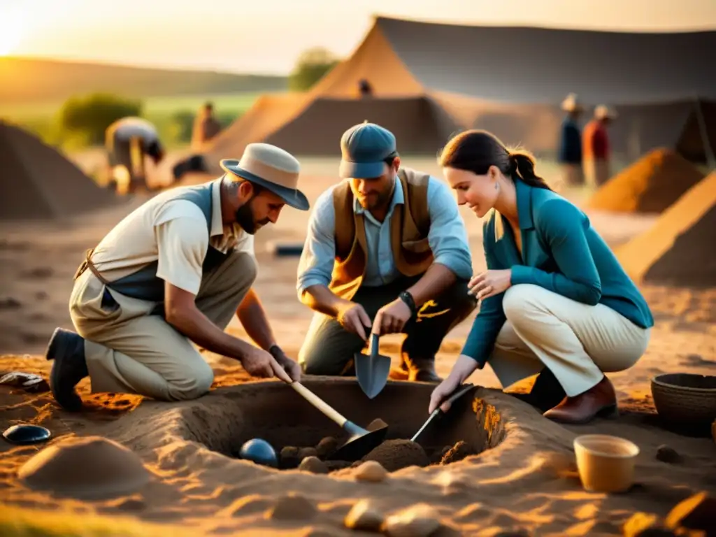 Grupo de arqueólogos desenterrando artefactos antiguos al atardecer, creando una atmósfera inmersiva