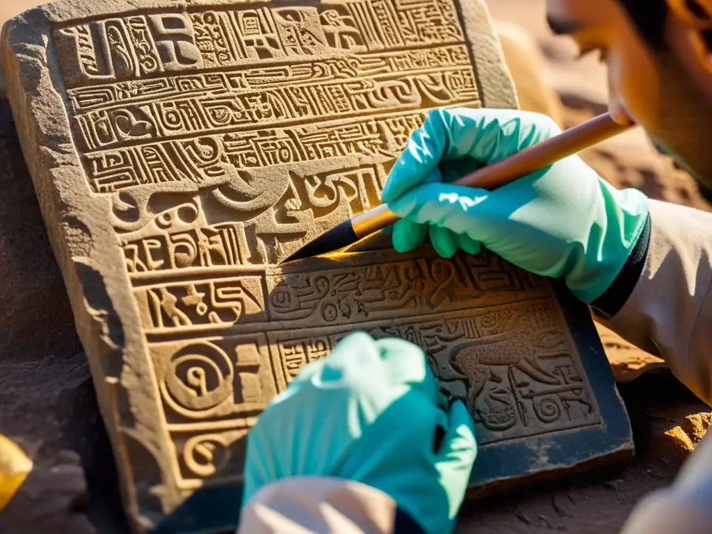 Un grupo de arqueólogos examina detenidamente una tableta de piedra con Escritura Istmica Mesoamericana, iluminada por una cálida luz dorada