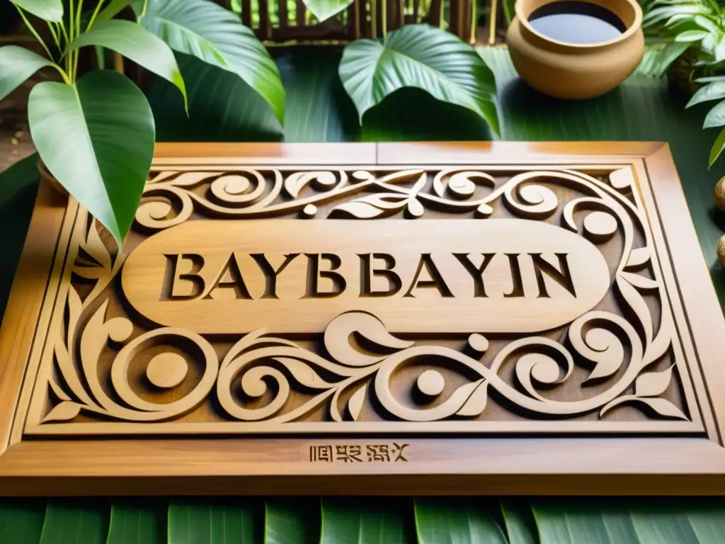 Un grupo de artesanos filipinos talla con esmero la escritura Baybayin en una tableta de madera, rodeados de exuberante vegetación tropical