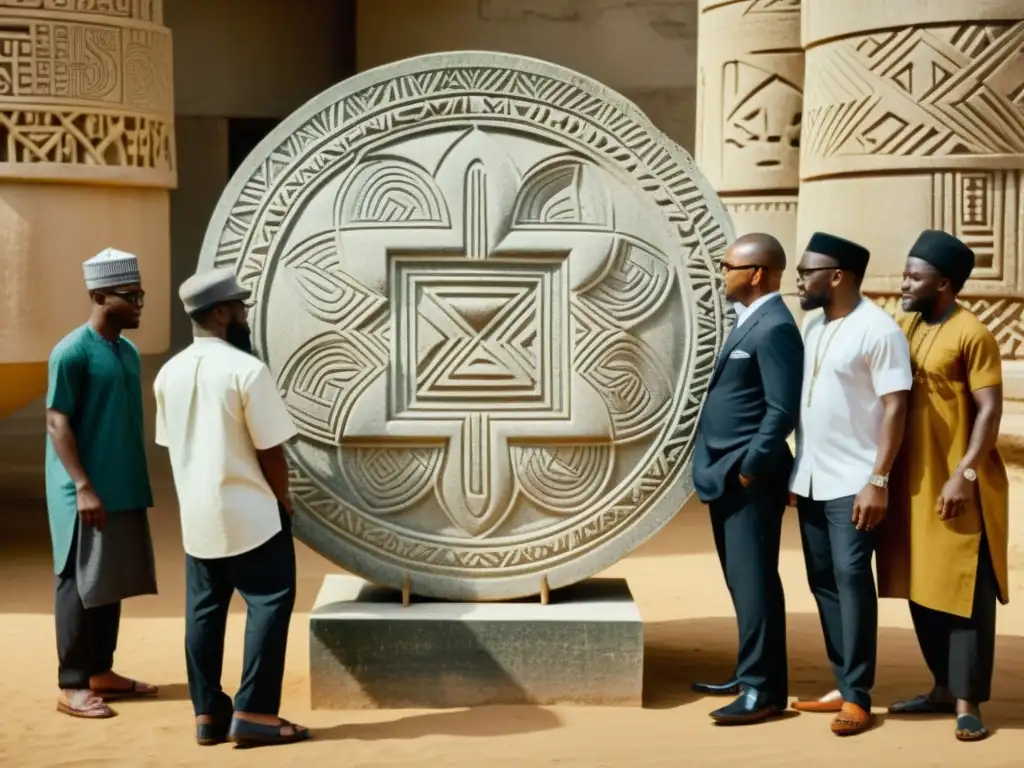 Un grupo de artistas nigerianos se reúnen alrededor de un símbolo Nsibidi, inmersos en su narrativa visual