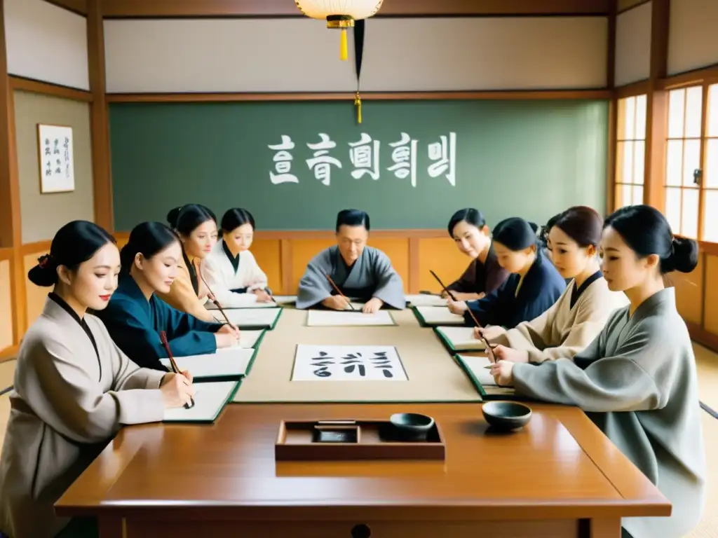 Un grupo practica caligrafía Hangul en un hermoso taller en Seúl, conectando con la identidad coreana