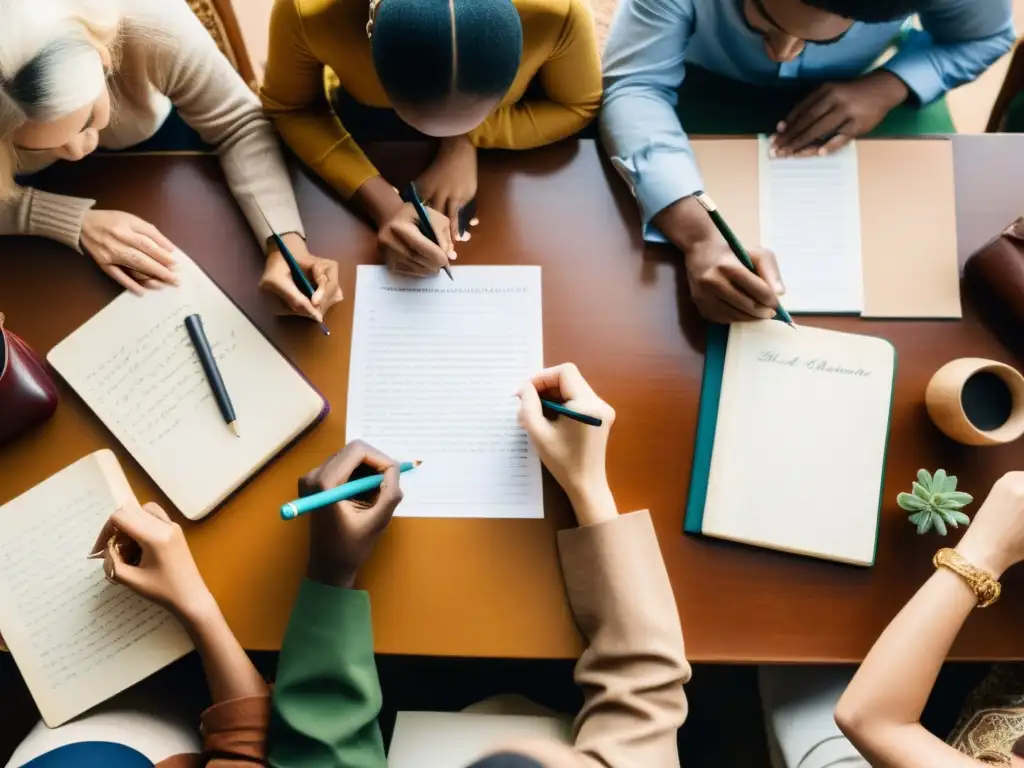 Grupo diverso escribe en armonía, reflejando la importancia de la escritura en culturas