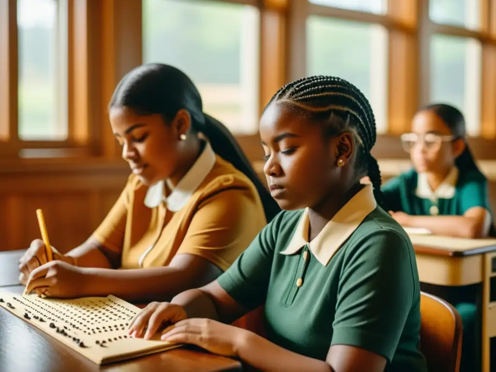 Grupo diverso de estudiantes con discapacidad visual aprendiendo a escribir braille en un aula, con calidez y luz natural