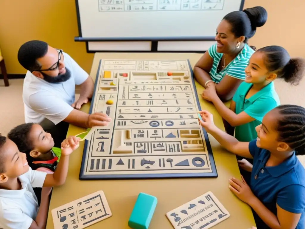 Un grupo diverso disfruta aprendiendo jeroglíficos egipcios en un aula vintage