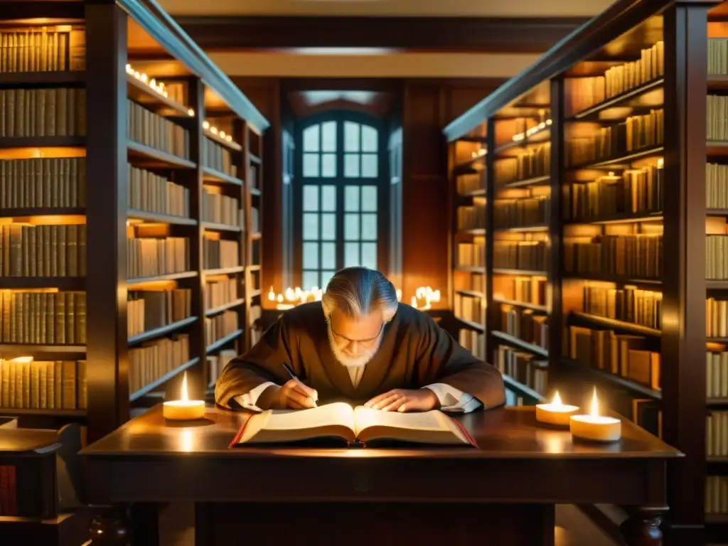 Grupo de eruditos analiza detalladamente un antiguo texto Prácrito en una biblioteca decorada, iluminados por luz de velas