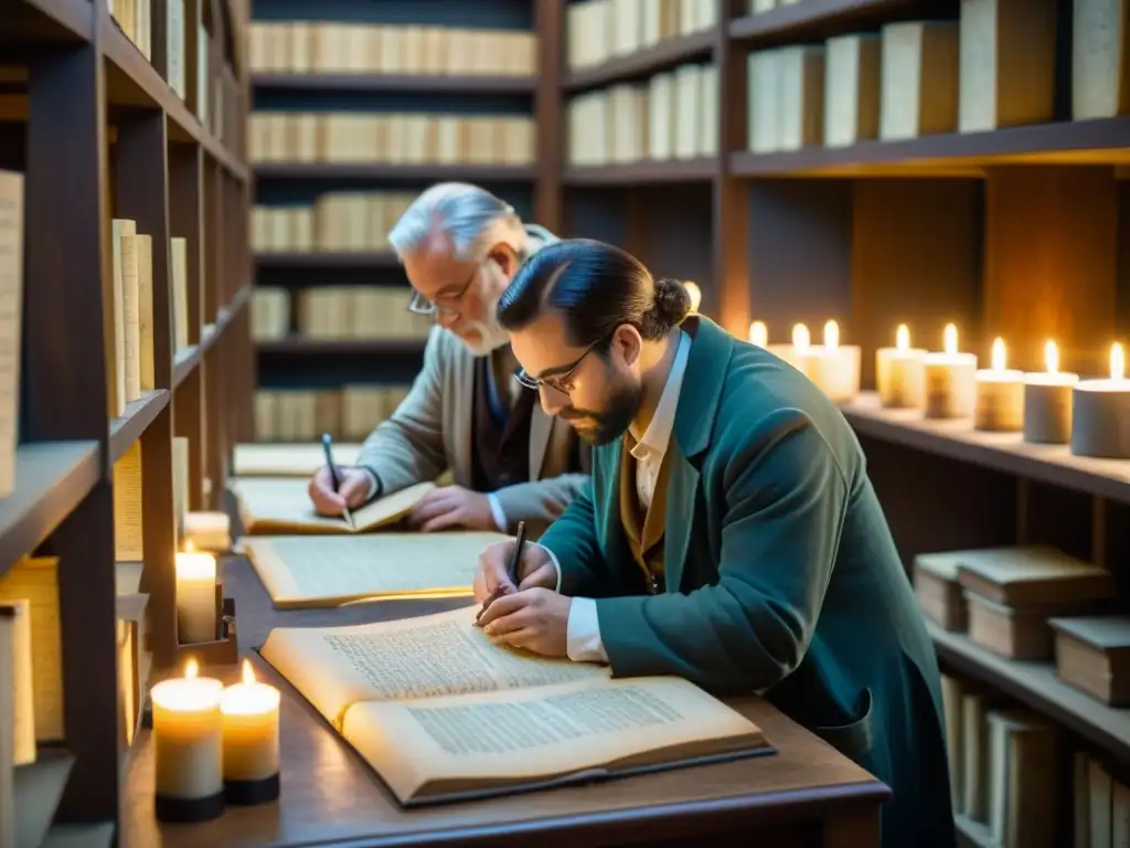 Grupo de eruditos restaurando antiguos manuscritos glagolíticos en una biblioteca atmosférica