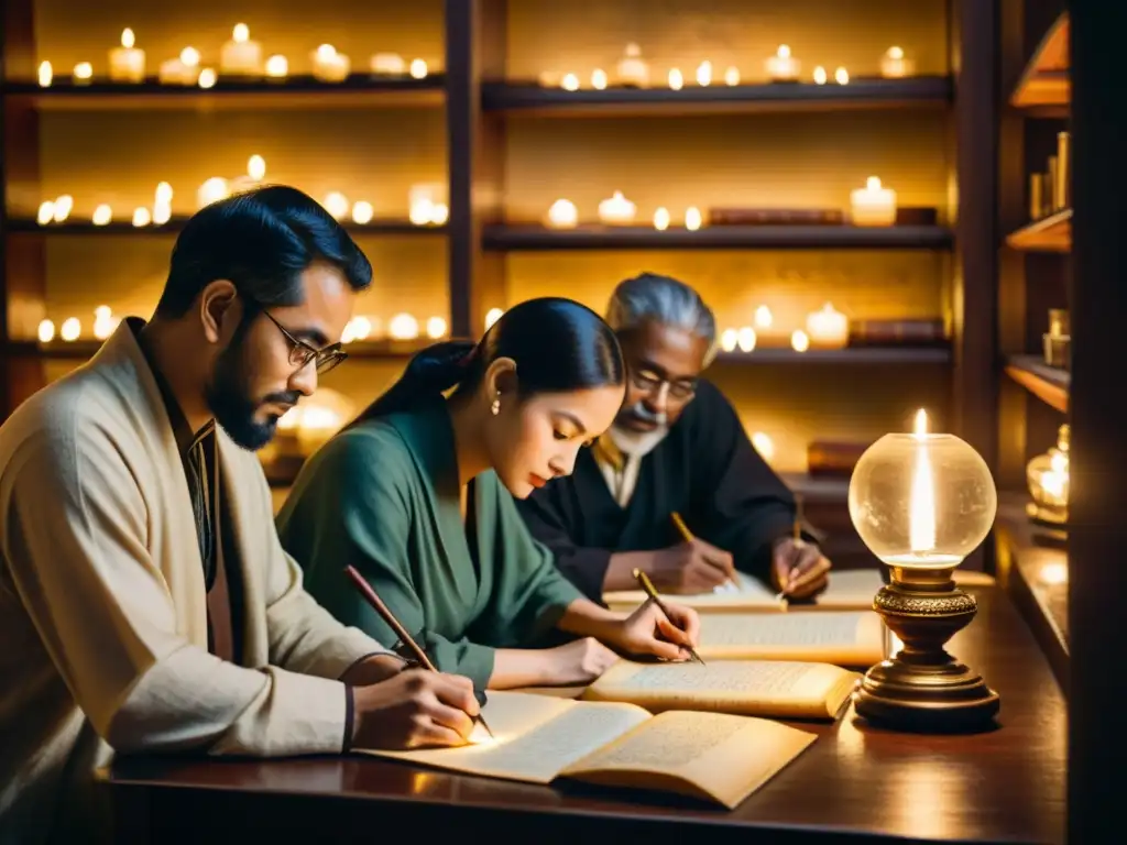 Grupo de eruditos transcribiendo antiguos textos en la Ruta de la Seda, iluminados por lámparas de aceite