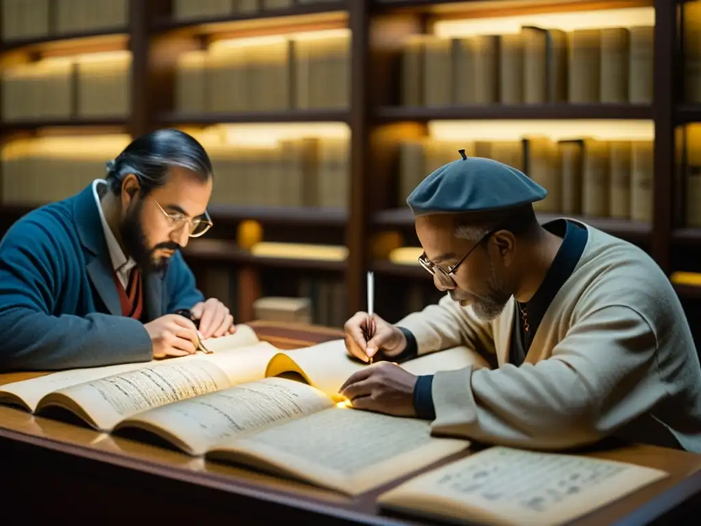 Un grupo de eruditos preserva con cuidado los antiguos manuscritos glagolíticos en una biblioteca atmosférica