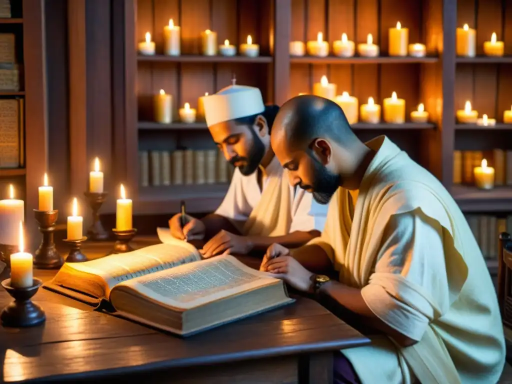 Un grupo de eruditos transcribe himnos védicos Rigveda a la luz de las velas, rodeados de manuscritos antiguos y sabiduría atemporal
