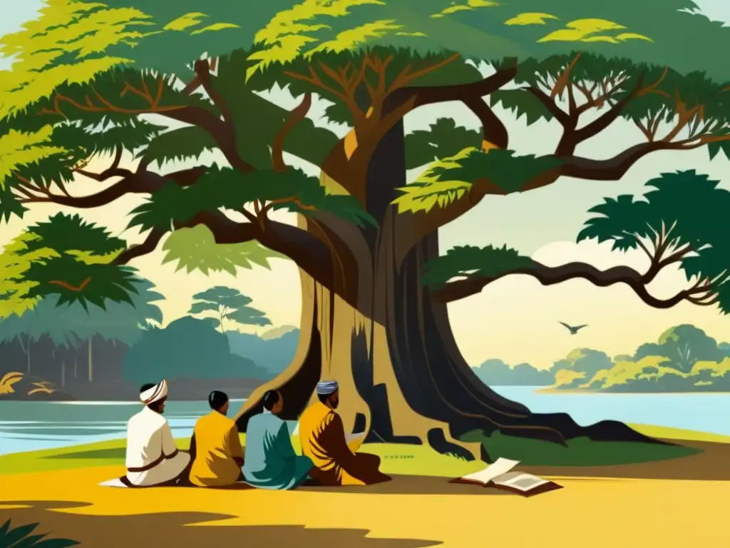 Eruditos indios bajo el árbol banyan: sabiduría eterna Un grupo de eruditos indios clásicos discuten y escriben bajo un árbol baniano, creando una atmósfera tranquila y académica