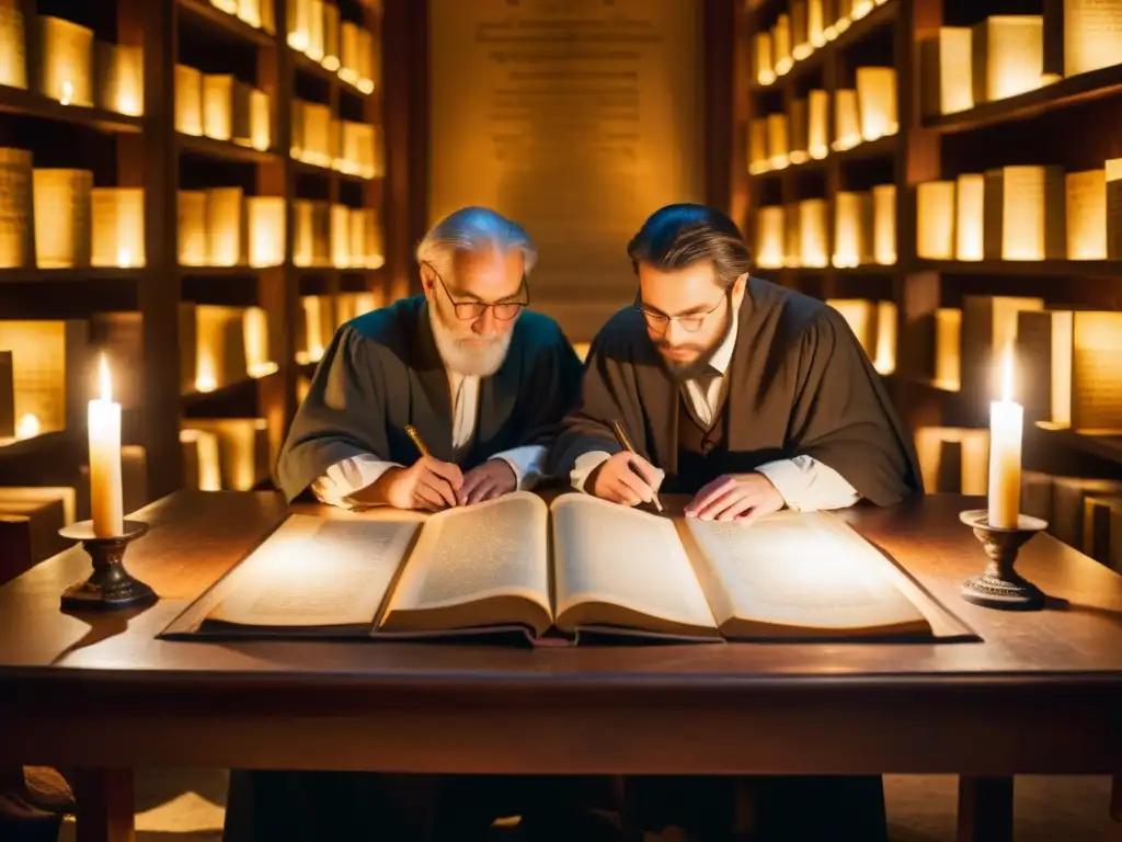 Estudio de manuscritos antiguos por eruditos en la penumbra Grupo de eruditos estudia manuscritos antiguos bajo luz de velas, creando atmósfera de descubrimiento y misterio para el impacto cultural de los manuscritos modernos
