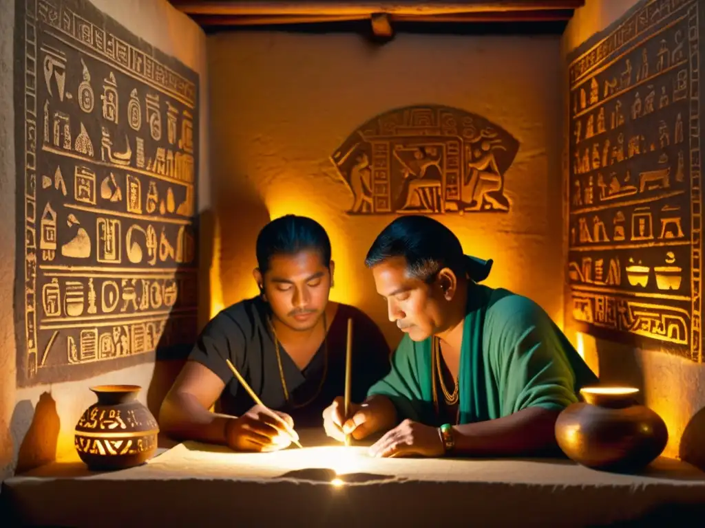 Grupo de escribas mayas en cámara ornamentada, reviviendo escritura Maya en la actualidad