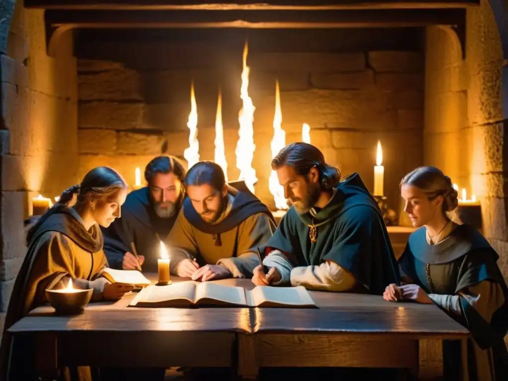 Grupo de escribas medievales en un scriptorium iluminado por velas