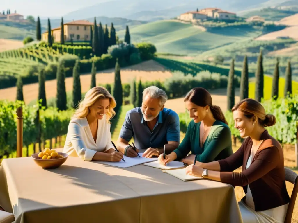 Un grupo de escritores diversos se reúnen en una mesa de madera bajo el sol de la Toscana, inmersos en el proceso creativo