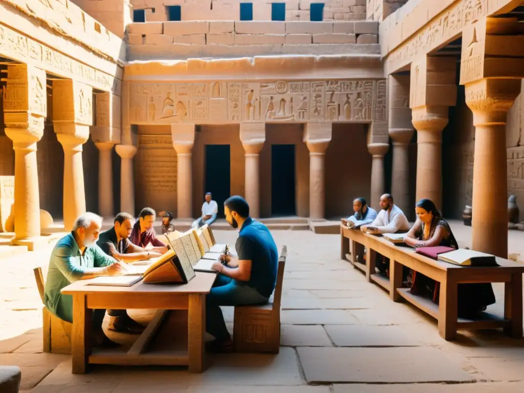 Retiro de escritura entre pirámides en Egipto Grupo de escritores inmersos en la escritura jeroglífica en un patio soleado de Egipto, rodeados de antiguos muros de piedra cubiertos de jeroglíficos