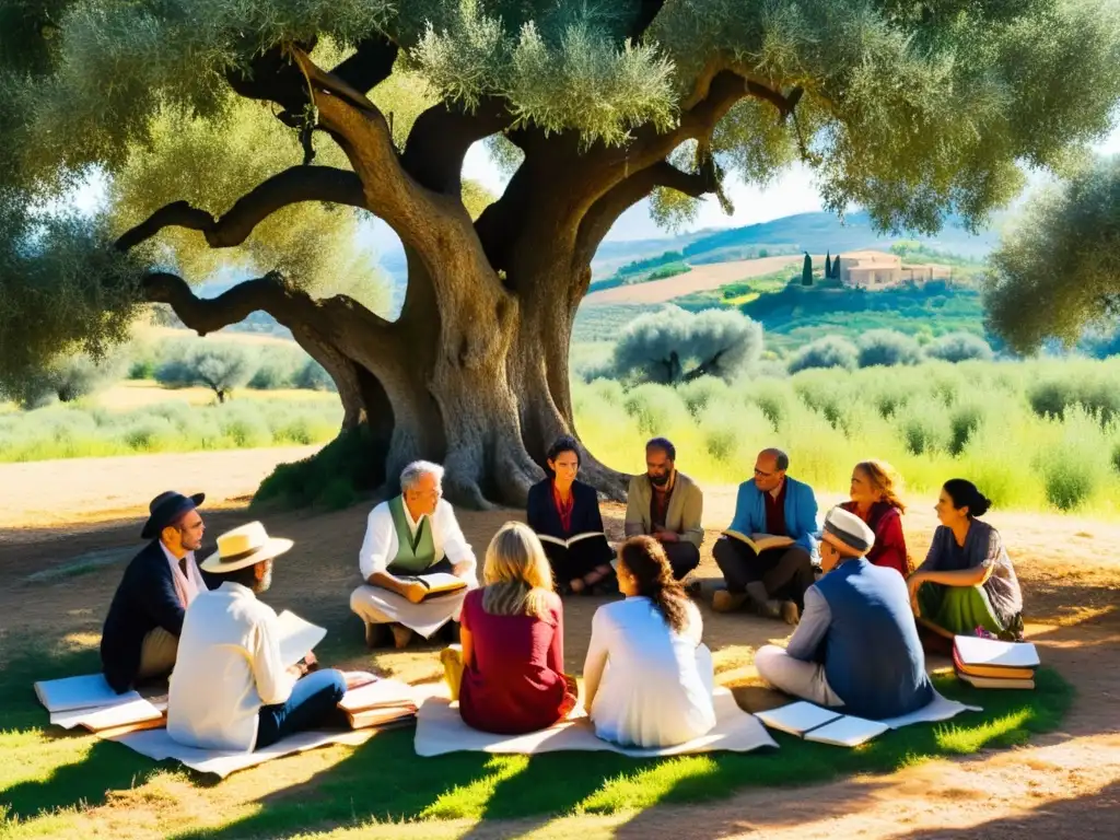 Un grupo de escritores escucha atentamente a un narrador bajo un olivo centenario en un retiro creativo de escritura en la Toscana