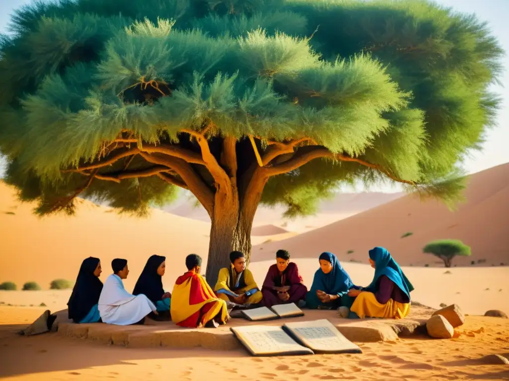 Un grupo de estudiantes tuareg estudia bajo un árbol en el desierto con antiguas tabletas de escritura