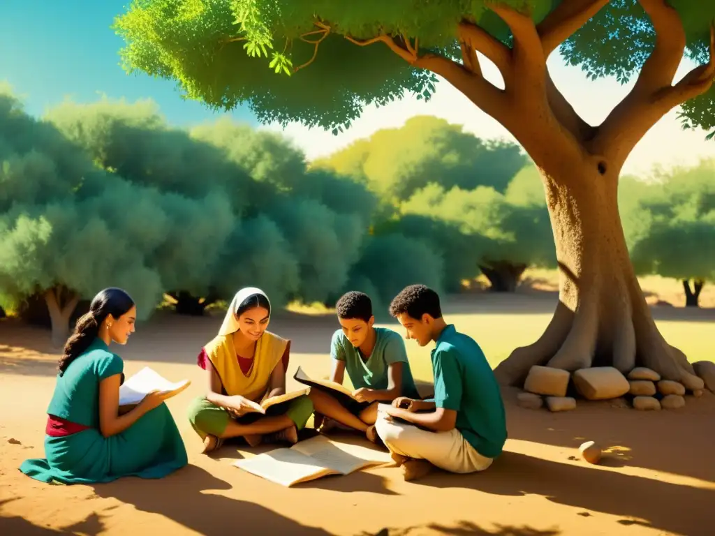 Un grupo de estudiantes bereberes se concentra en practicar escritura Tifinagh bajo un árbol de argán