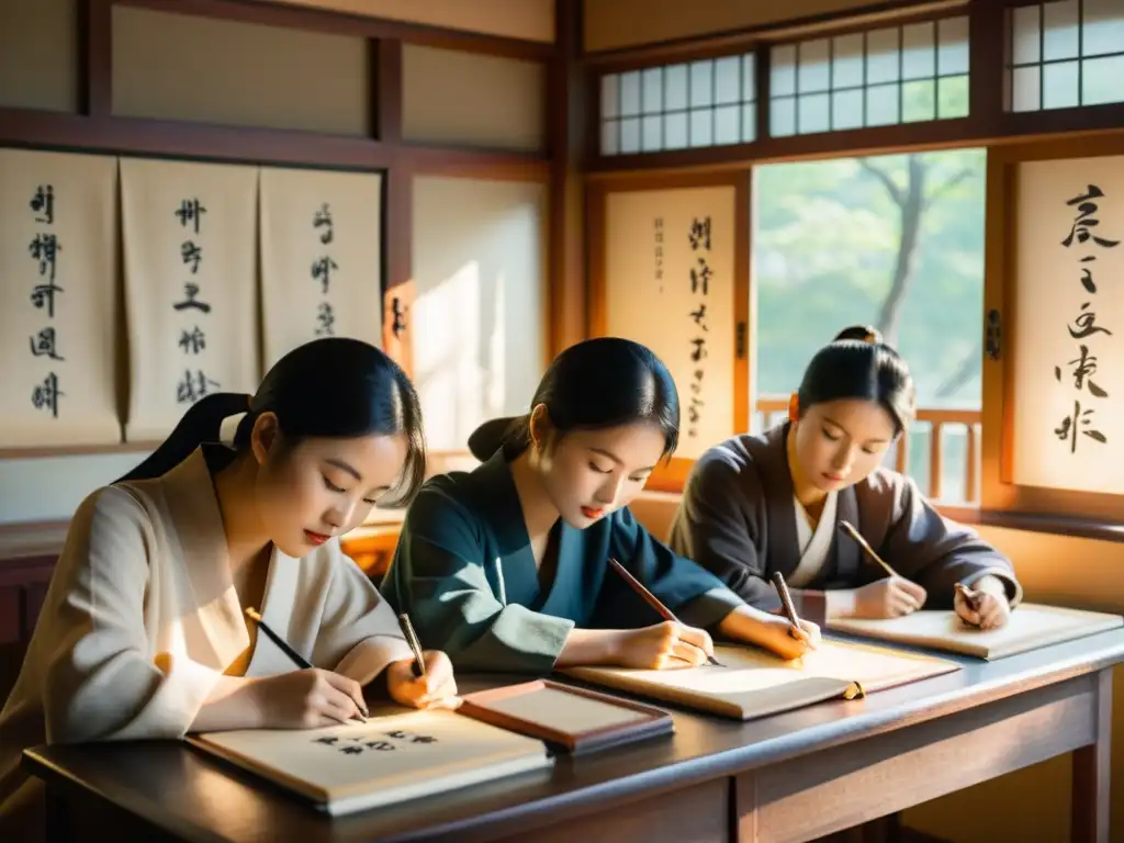 Grupo de estudiantes concentrados en talleres de escritura Hangul en Seúl, inmersos en la cultura y aprendizaje tradicional coreano