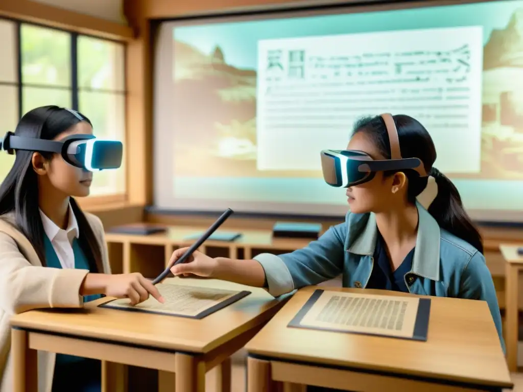 Grupo de estudiantes utilizando herramienta didáctica realidad aumentada para explorar escrituras antiguas en un aula llena de luz natural