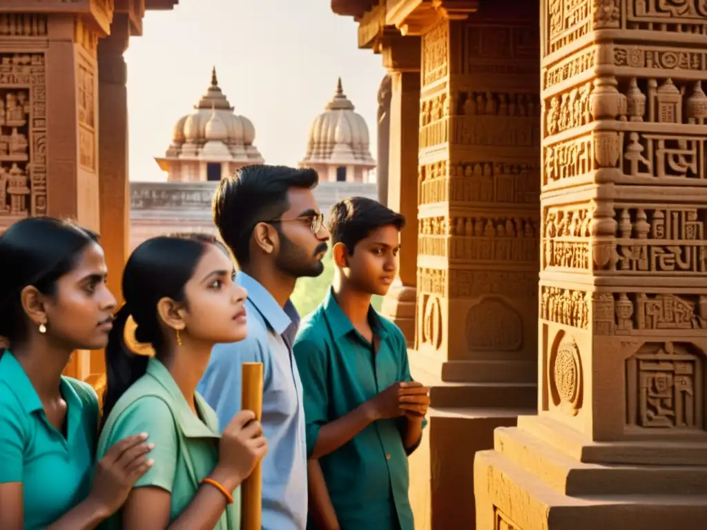 Grupo de estudiantes explorando inscripciones antiguas en un templo sánscrito en la India al atardecer