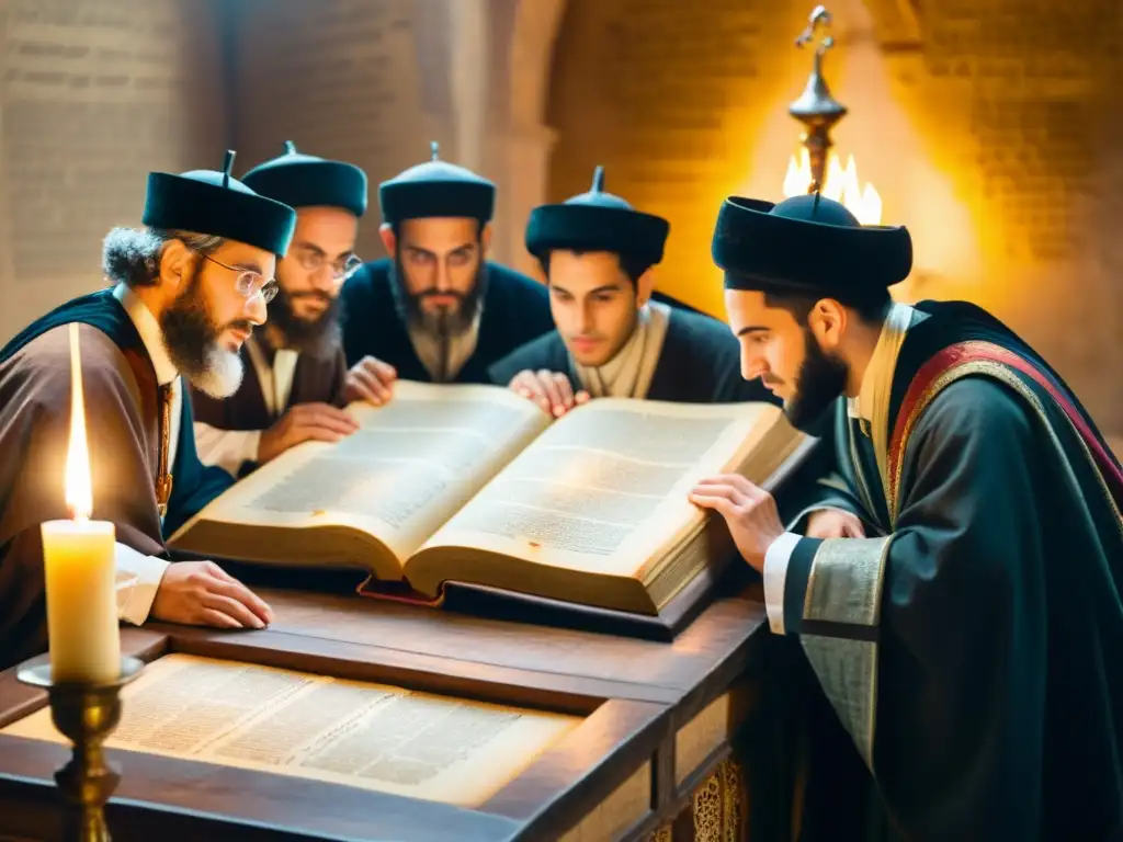 Un grupo de estudiosos judíos discuten y estudian el antiguo manuscrito del Talmud de Babilonia bajo la cálida luz de las velas