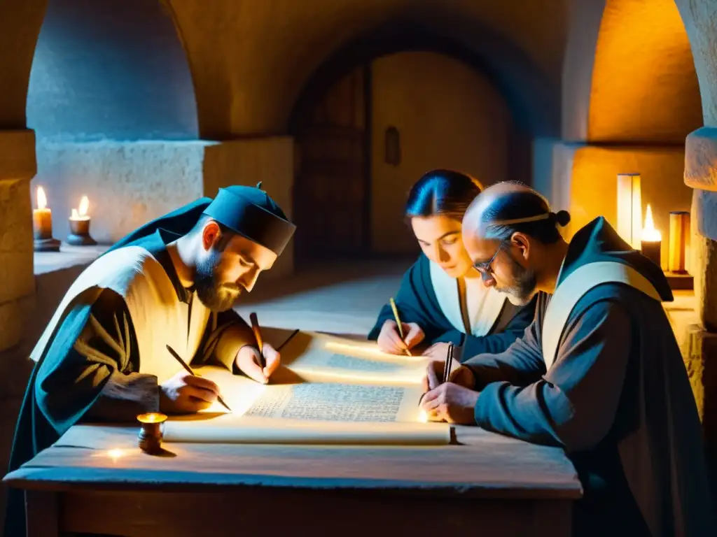 Grupo de escribas glagolíticos trabajando diligentemente en un scriptorium medieval, evocando factores históricos de extinción Glagolítico