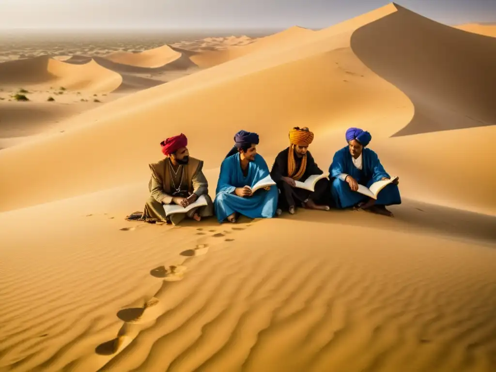 Un grupo de hombres tuaregs en el desierto escribiendo en escritura Tifinagh