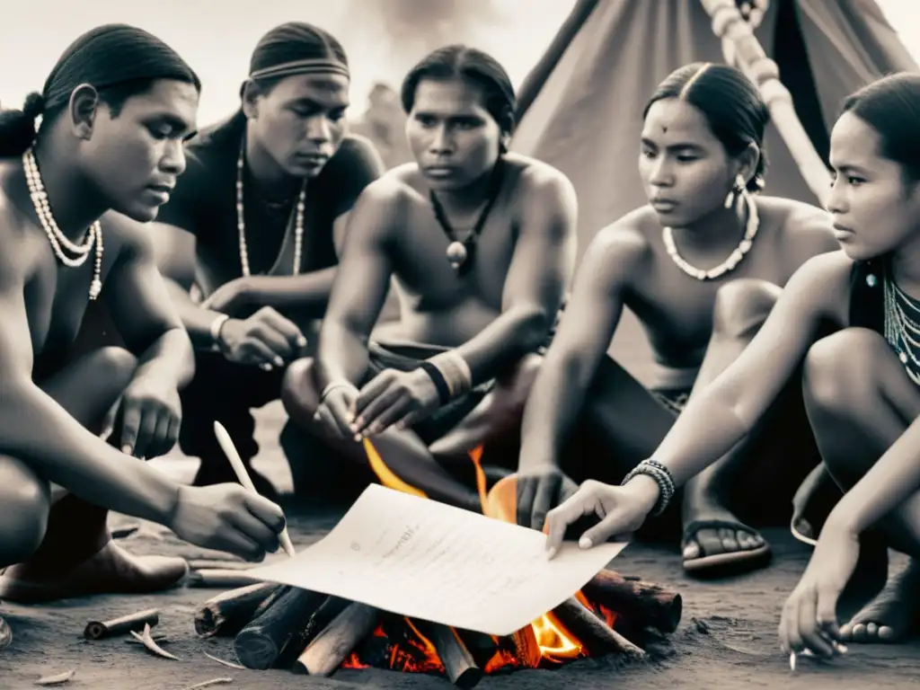 Grupo indígena se reúne alrededor del fuego, con uno sosteniendo un documento, en escena de revitalización de escrituras en culturas