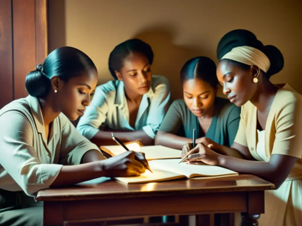 Un grupo de individuos de una comunidad diaspórica se reúnen alrededor de una mesa, inmersos en la escritura y la narración