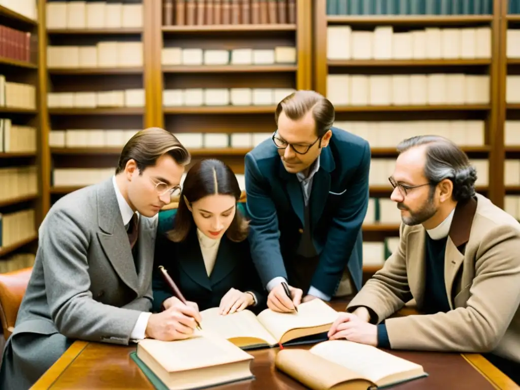 Grupo de investigadores colaborando en el estudio de manuscritos antiguos en una atmósfera académica