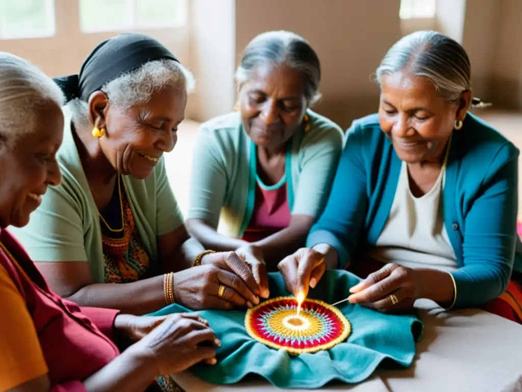 Un grupo de mujeres mayores de una comunidad diaspórica borda patrones vibrantes en tela, preservando su identidad cultural