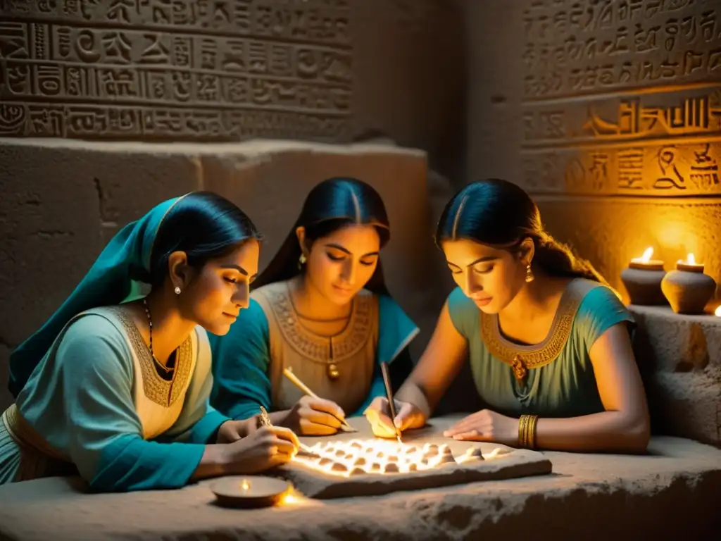 Grupo de mujeres en Mesopotamia antigua escribiendo en tablillas de arcilla con cuneiforme, en una escena cálida y reverente