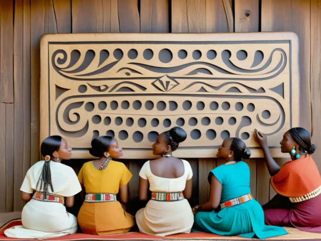 Un grupo de mujeres de la tribu Nsibidi examina con reverencia un antiguo panel de madera con intrincados símbolos Nsibidi