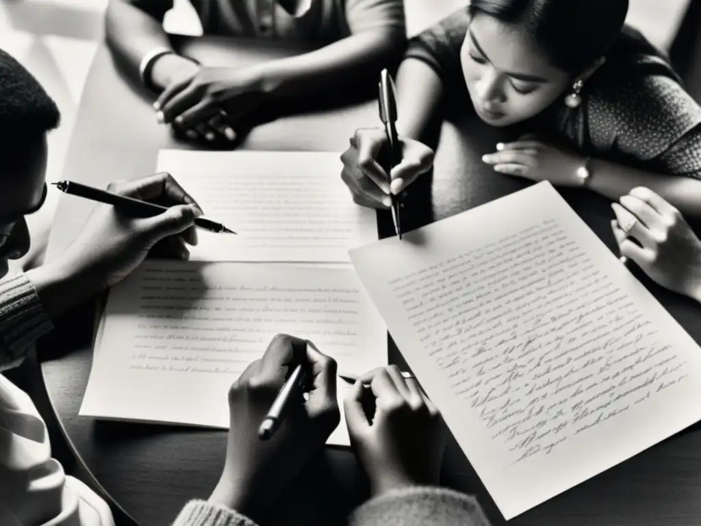 Grupo multicultural concentrado escribiendo, con influencia cultural en escritura, rodeados de libros antiguos