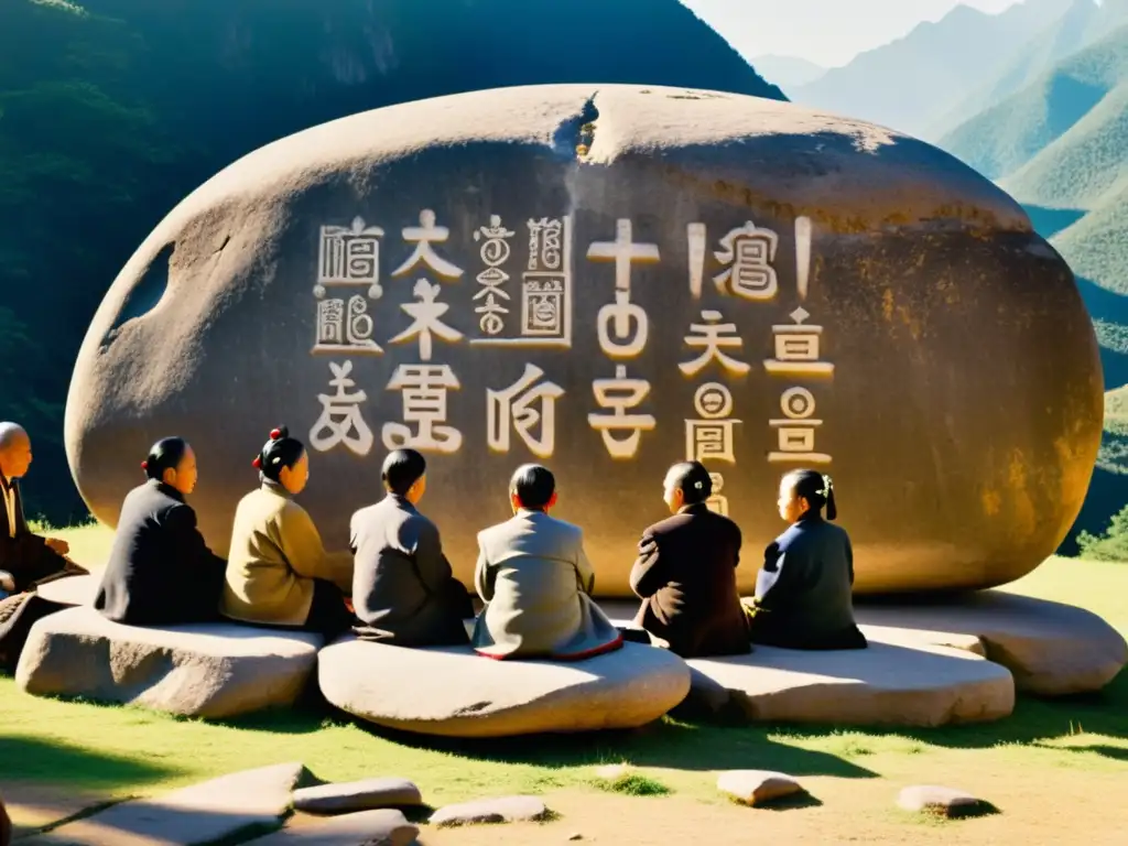 Grupo de Naxi junto a piedra con escritura ideográfica Naxi, iluminados por el cálido sol poniente