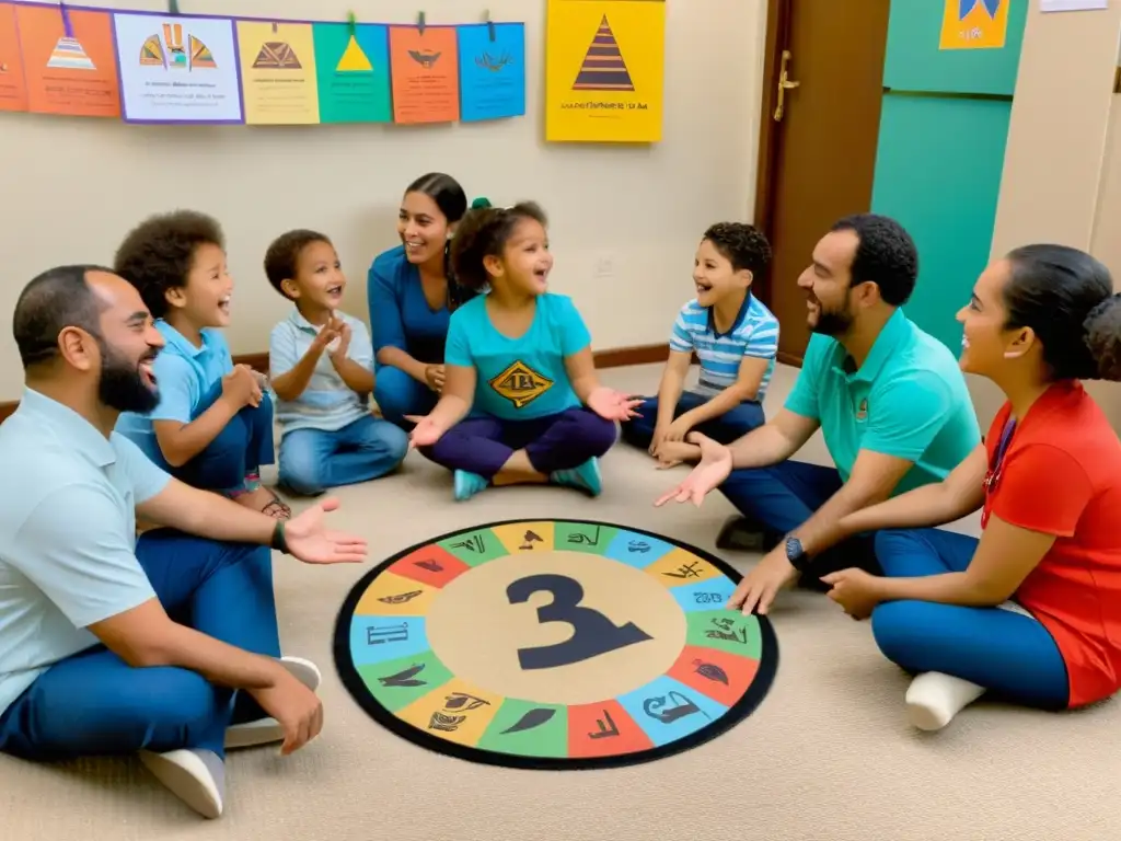 Un grupo de niños y adultos disfrutan enseñando jeroglíficos egipcios en un ambiente vibrante y lúdico, rodeados de coloridos pósters educativos