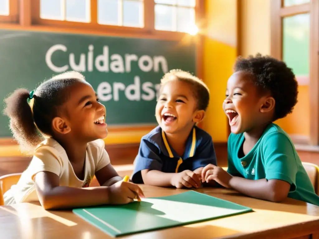 Un grupo de niños diversos juega y aprende juntos en un aula vintage, celebrando la diversidad cultural a través del aprendizaje lúdico