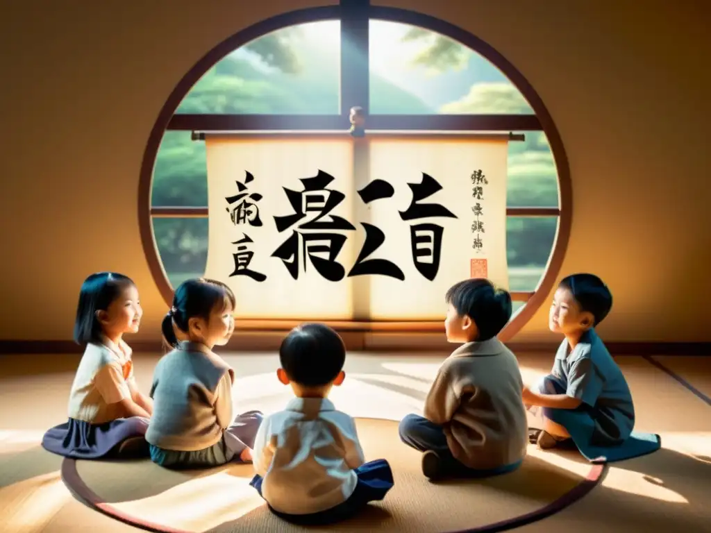 Grupo de niños aprendiendo kanji con maestro sabio en ambiente cálido y acogedor