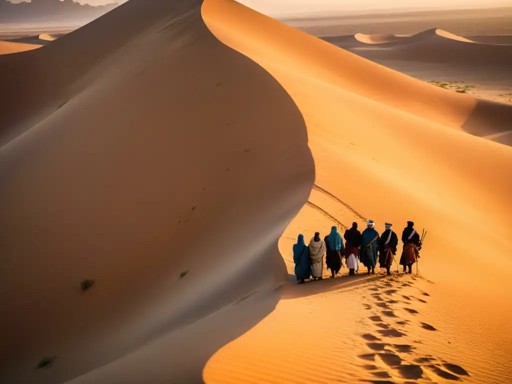 Un grupo de nómadas tuaregs posa en el desierto del Sahara al atardecer, con inscripciones Tifinagh