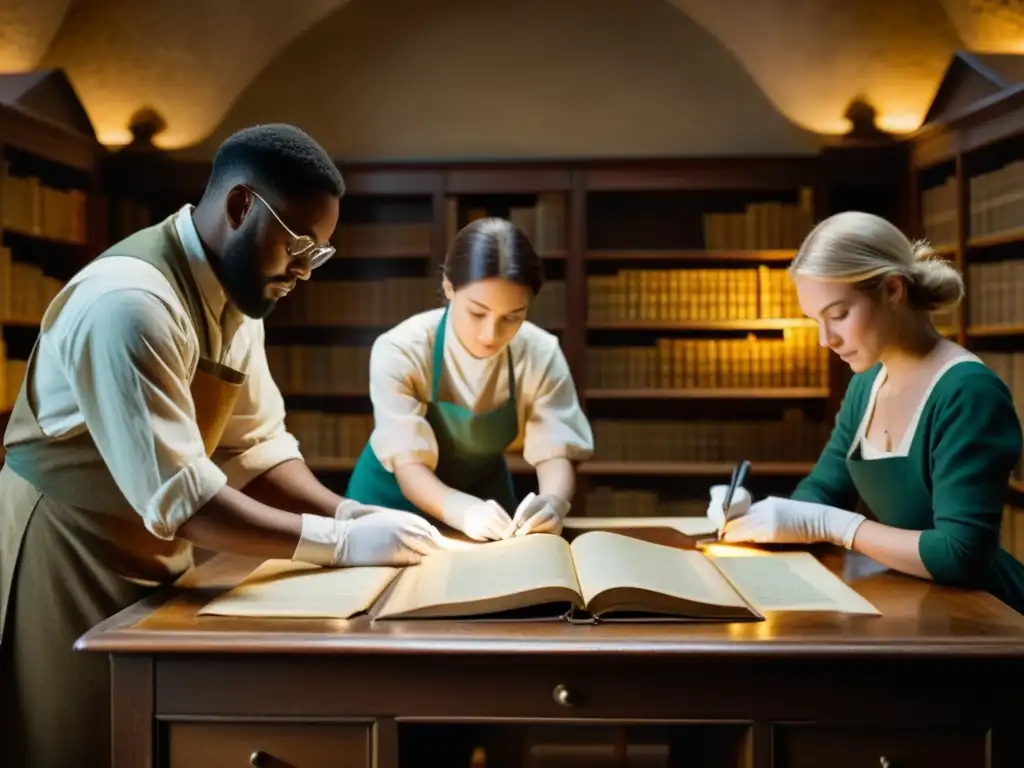 Un grupo de personas restaura con cuidado antiguos documentos en una biblioteca vintage, bañados por una cálida luz