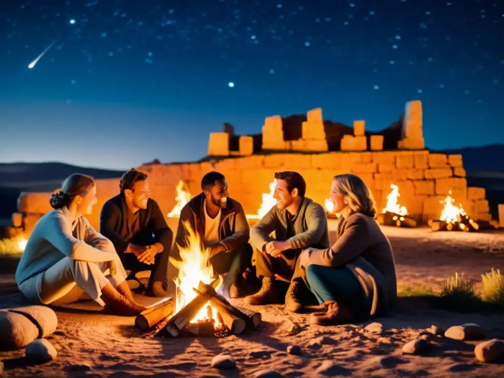 Un grupo de personas se reúne alrededor de una hoguera bajo un cielo estrellado, mientras antiguas ruinas se vislumbran a lo lejos