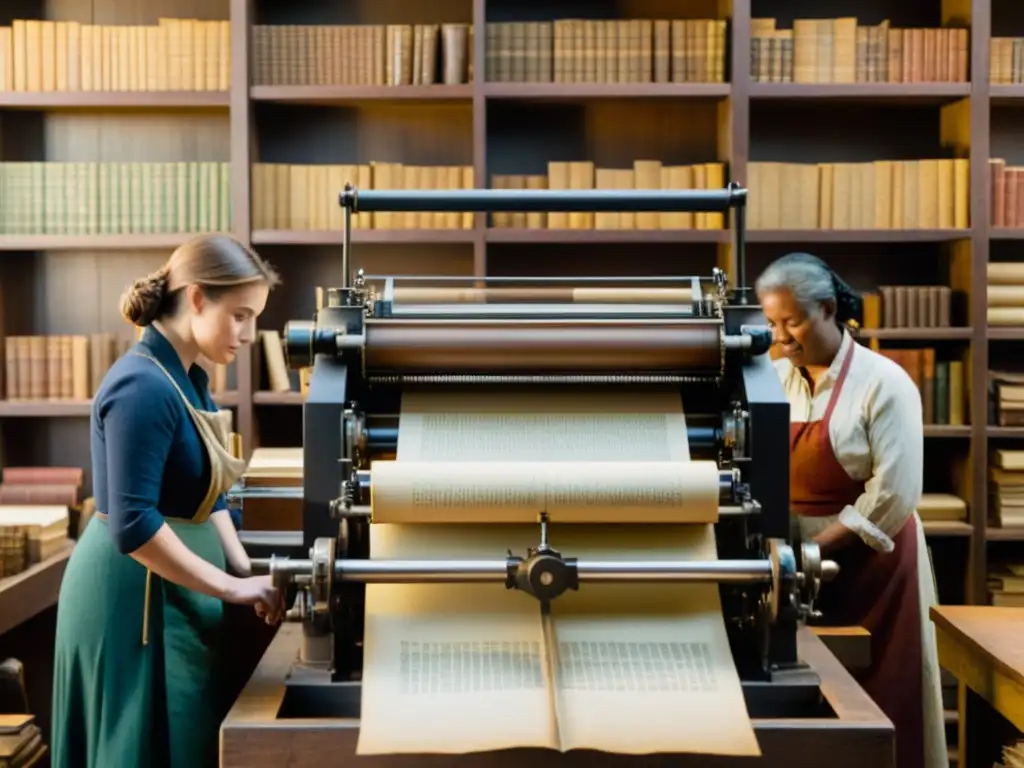 Grupo de personas trabajando en la revitalización lingüística en el Prácrito, rodeados de una prensa vintage y estanterías de libros antiguos