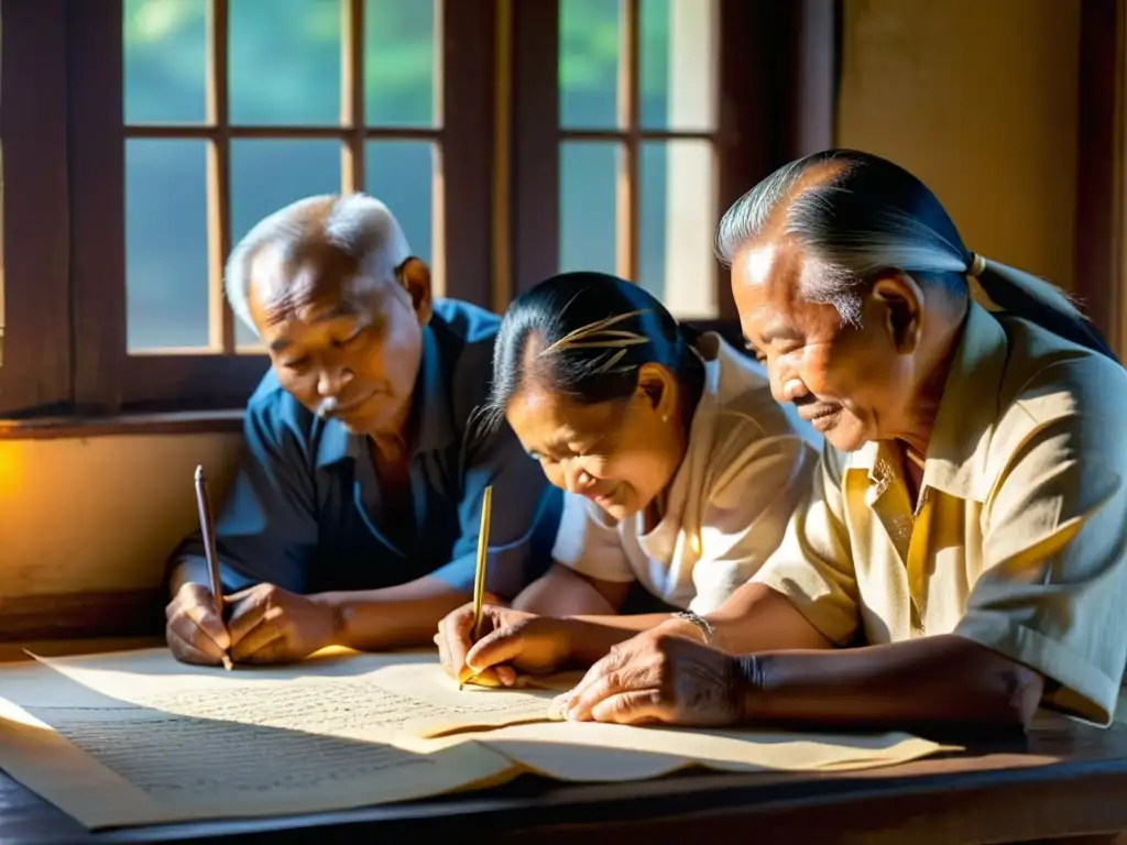 Grupo de personas mayores escribiendo el guion Meitei Mayek en pergamino, con una cálida luz dorada